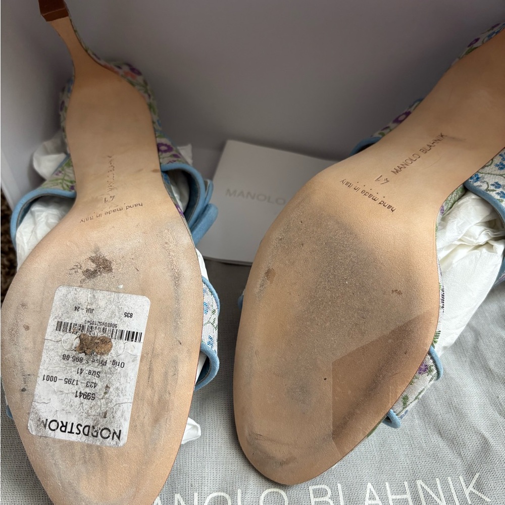 Manolo Blahnik Gable Floral Jacquard Blue Buckle Mule Sandals Heels EU 41 - Picture 3 of 9